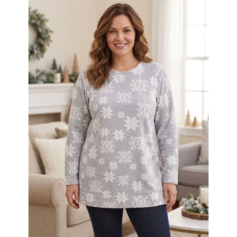 Woman Within Gray White Snowflake Print Fleece Crewneck Tunic Sweater Plus 14-16